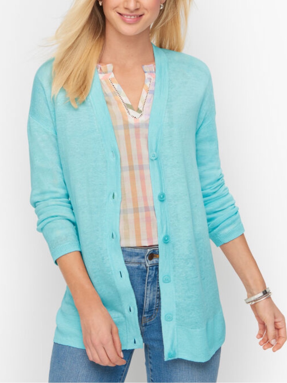 Talbots LP Light Blue Quarter Sleeve Girlfriend Linen Cardigan